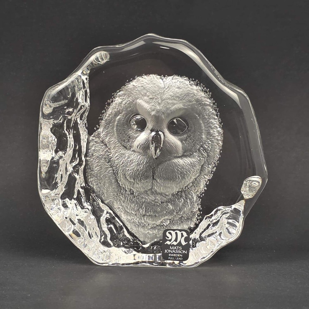 Mats Jonasson Sweden Crystal Owl Sculpture #3536 Signed Full Lead w Box